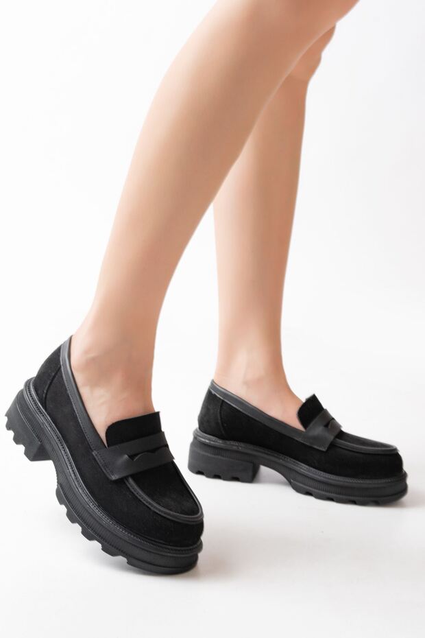 Zri̇n-759 Premium Black Suede Orthopedic High-Sole Loafer