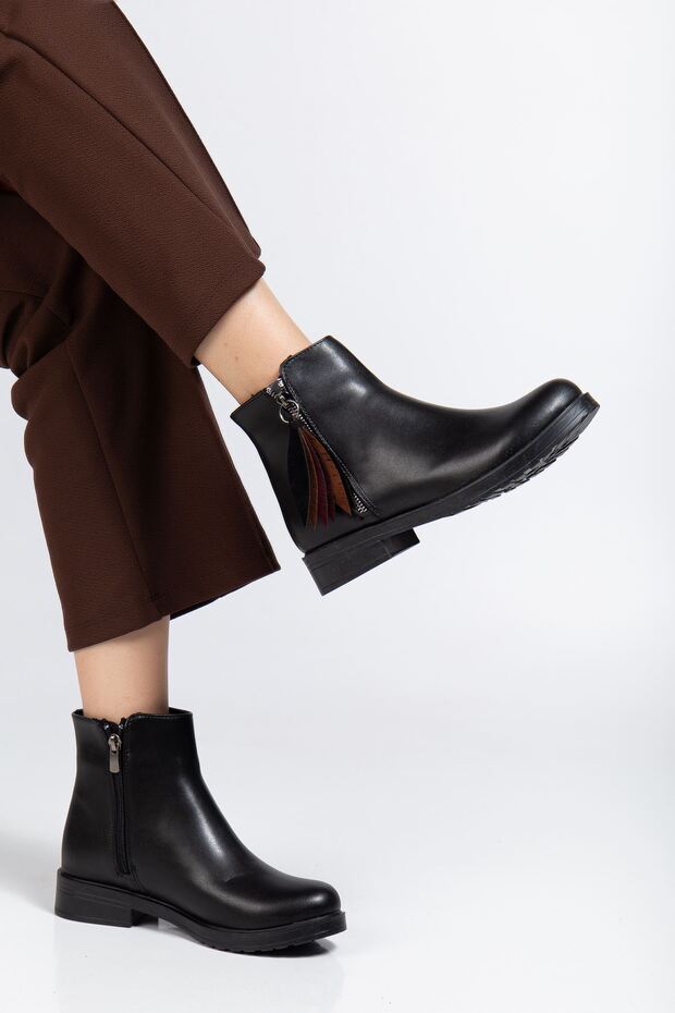 Zri̇n-205 Premium Black Leather Leaf Patterned Zippered Casual Women's Boots