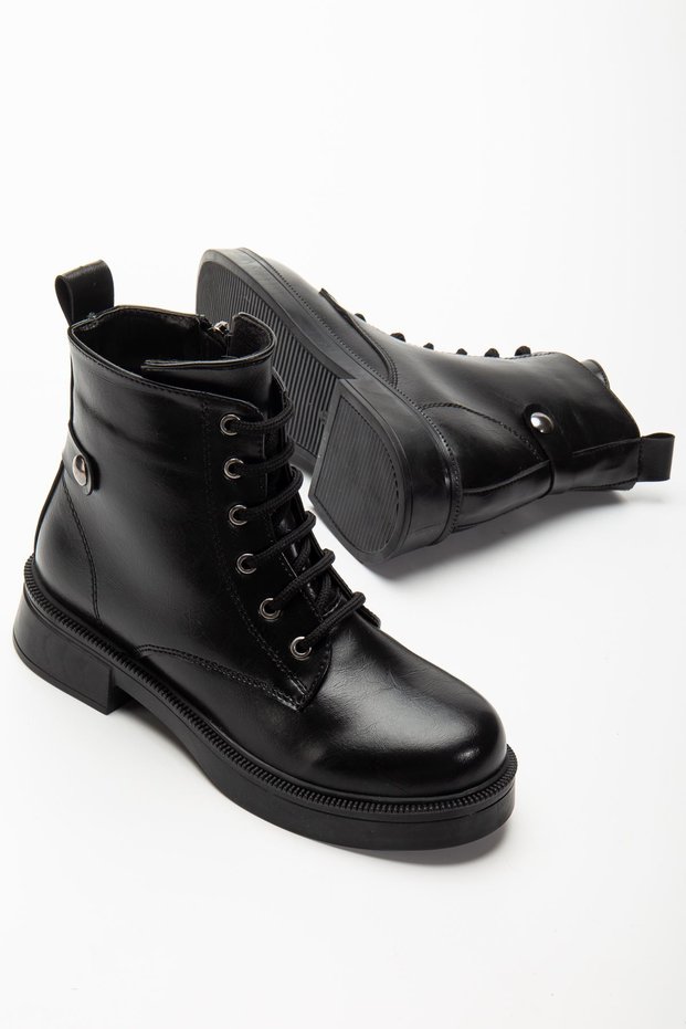 Zri̇n-2003 Premium Black Wrinkled Patent Leather Lace-Up Zippered Casual Women's Boots