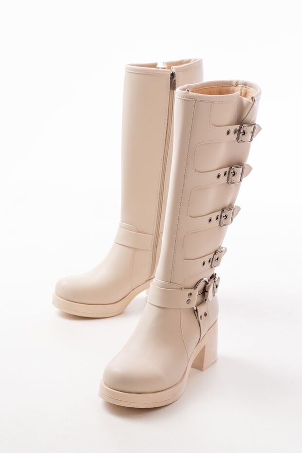 Zri̇n-3015 Premium Beige Heeled Women's Boots with Zipper and Buckle Accessories