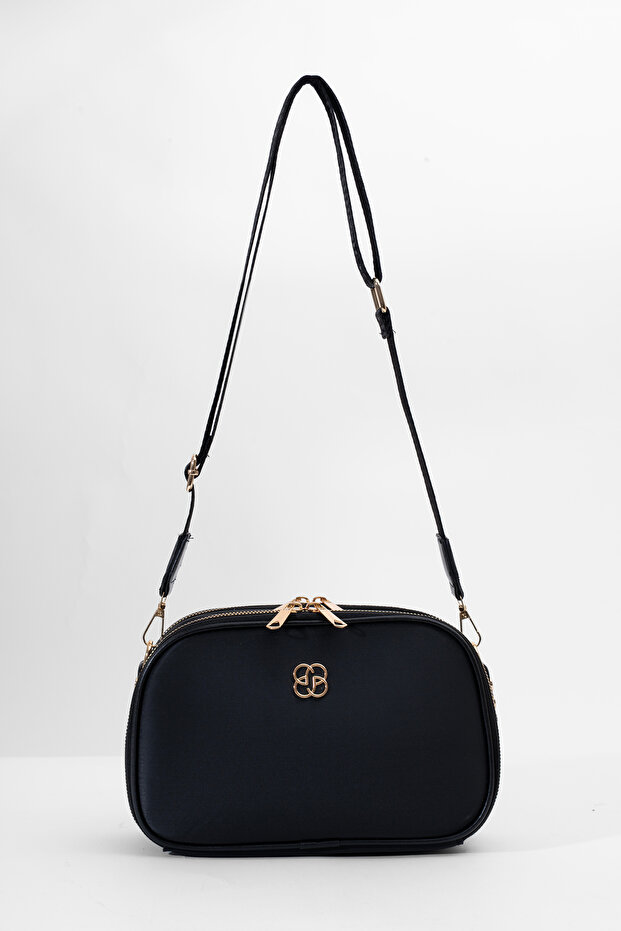 Dámska čierna 3-priestorová saténová kožená denná taška cez rameno s nastaviteľným stĺpikovým popruhom - 6