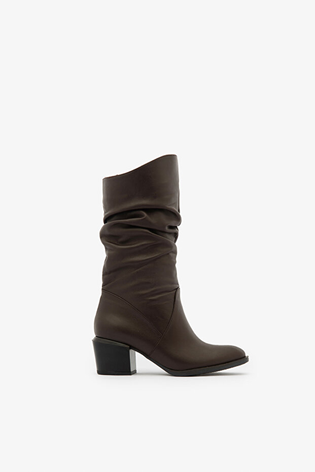 Brown Gusseted Genuine Leather Boots Women's Heeled Boots