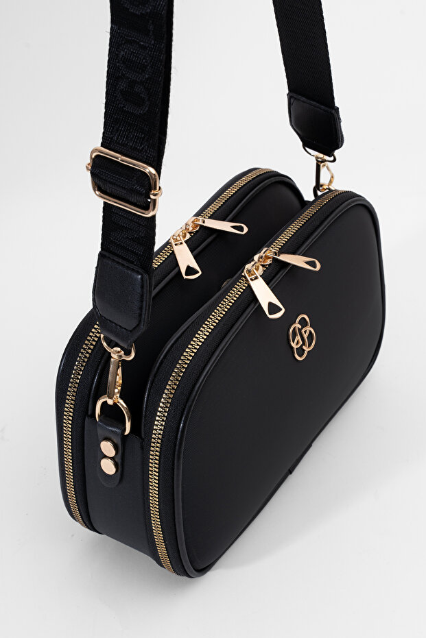 Dámska čierna 3-priestorová saténová kožená denná taška cez rameno s nastaviteľným stĺpikovým popruhom - 2