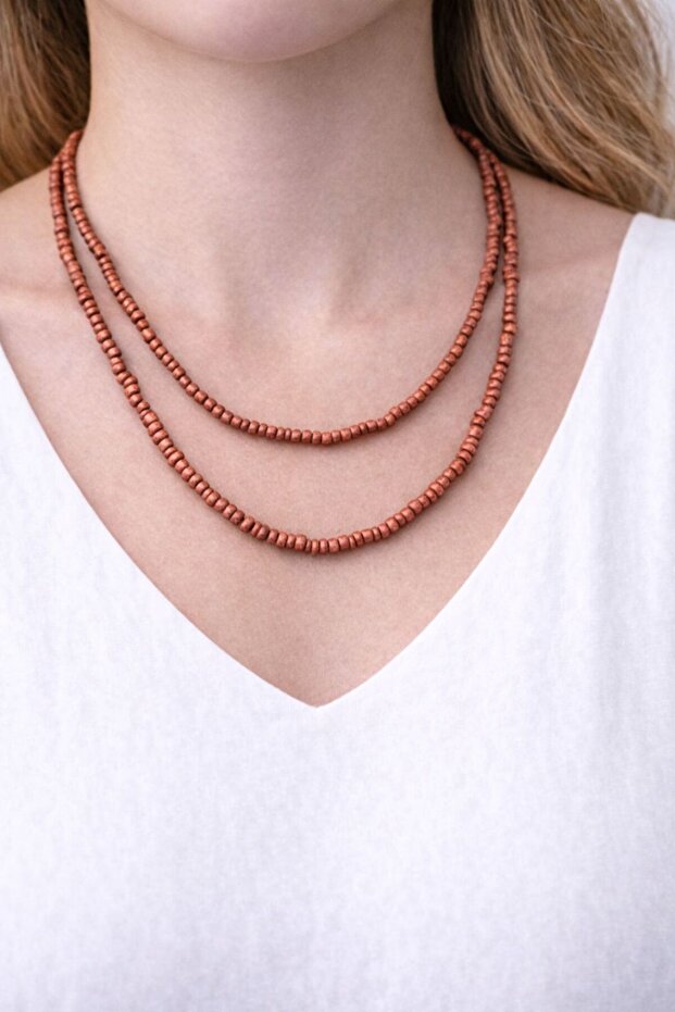 Bamboo Beaded Long Burgundy Women's Necklace 49 cm