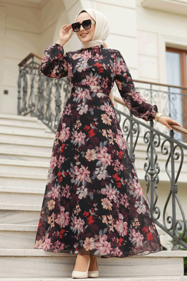 Floral Patterned Black Hijab Dress 27979S