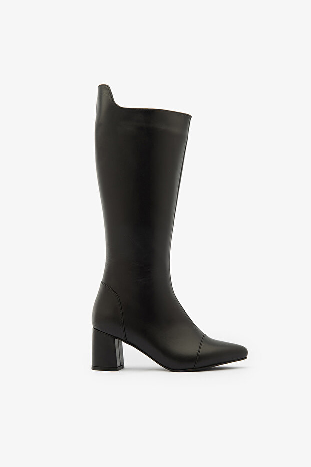 Black Genuine Leather Thick Heeled Below-The-Knee Women's Boots