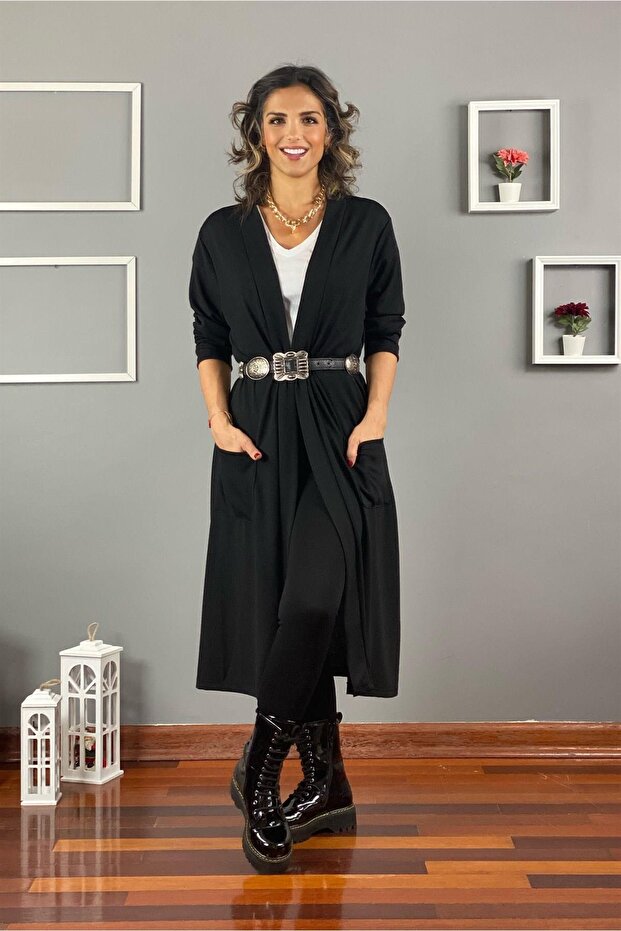 Siyah Uzun Boy Cift Cepli Basic Hırka - 5