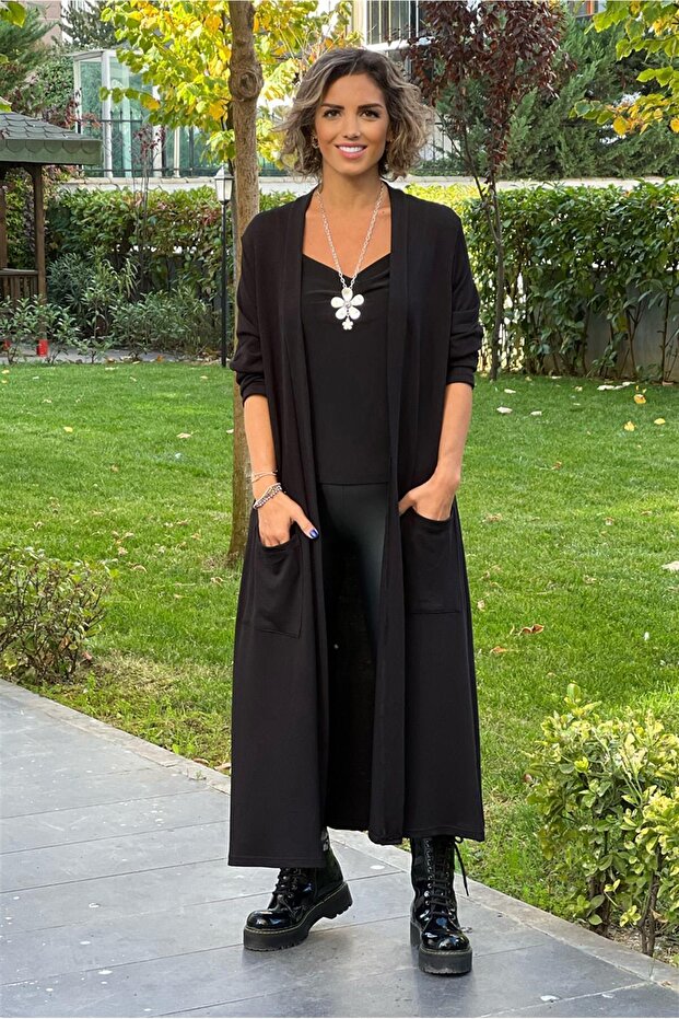 Siyah Uzun Boy Cift Cepli Basic Hırka - 1