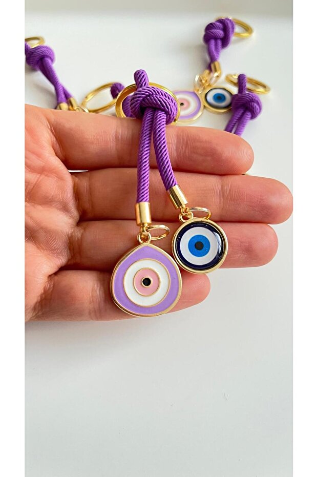 سلسلة مفاتيح على شكل عين الحسد مصنوعة من الخرز الأرجواني - 2