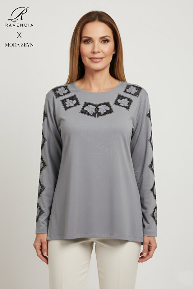 Women's Middle Age and Above Viscose Square Stone Slit Embroidered L Stretch Fabric Mother Combed Cotton Blouse