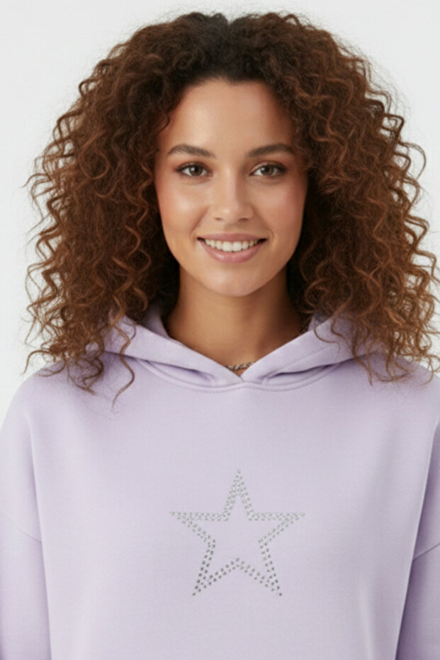 Little Star Patterned Women's Oversized Sweat Comfortable Fit Hooded Sweatshirt