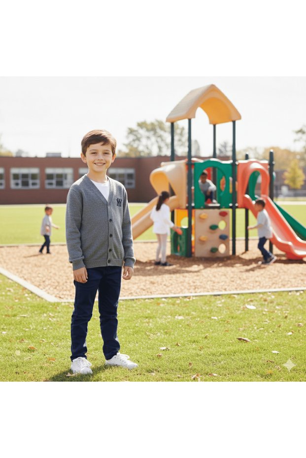 Boy's School Cardigan Dark Gray Anthracite – 100% Cotton, V-Neck, Long Sleeves