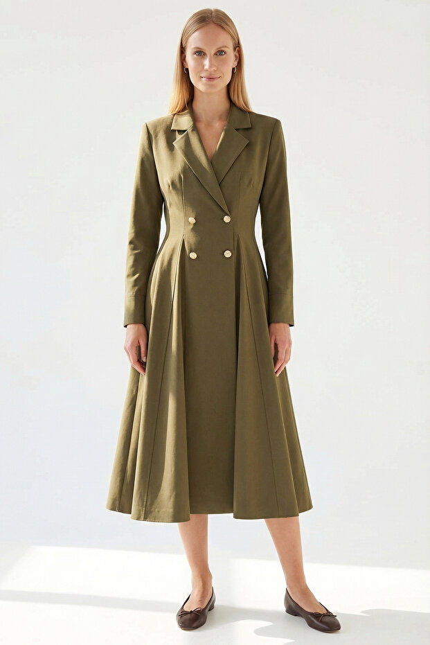 Double-Breasted Woven Midi Blazer Dress with Gold Button Detail