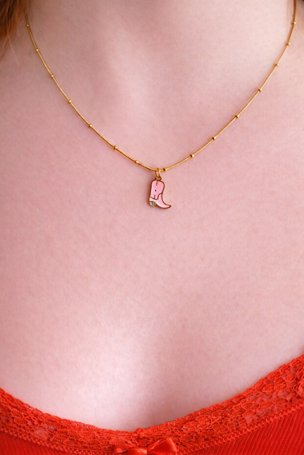Western Chic Pink Cowboy Boot Figured Elegant Gold Color Necklace