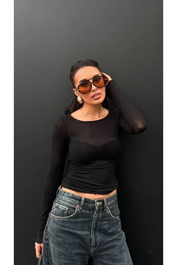Transparent Cashmere Textured Blouse Black