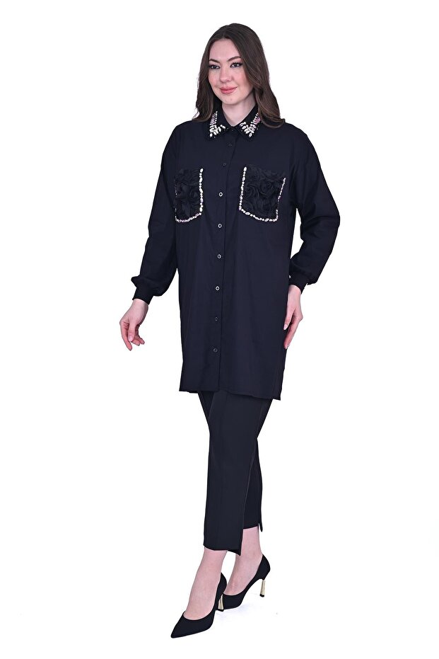 7004 Işlemeli Siyah Gömlek - 3