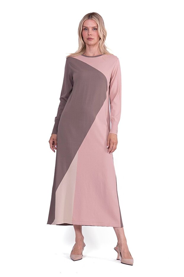 Gometrik Triko Elbise VİZON - 1