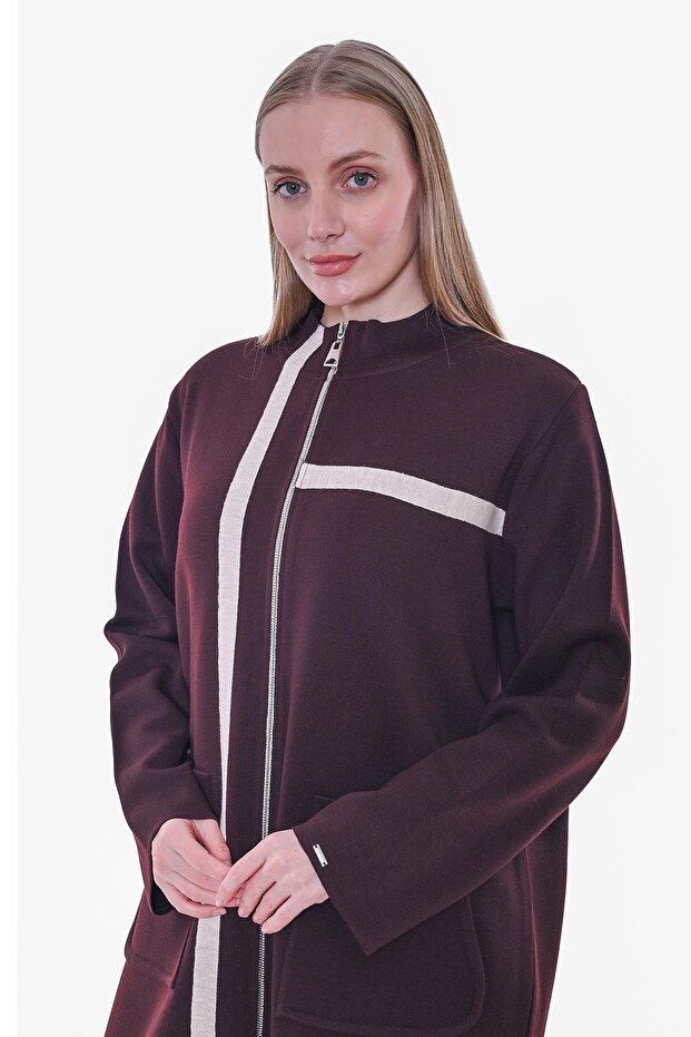 Striped Zippered Knitwear Wool Cardigan Bordo