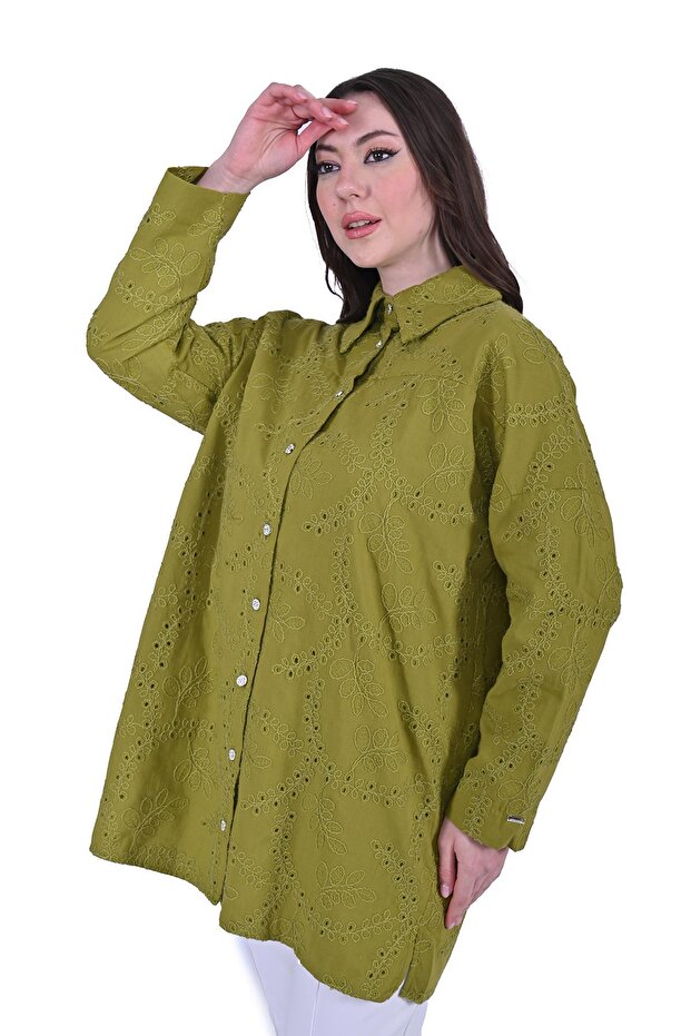 İnvee 7019 Delik İşi Oil Green Shirt