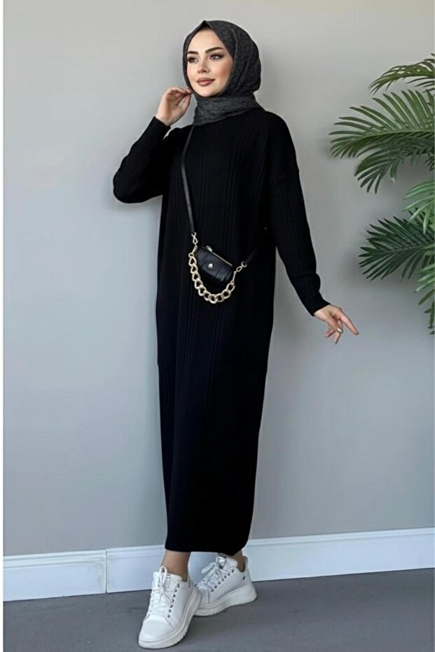 Corded Fabric Knitwear Dress Black Oversized