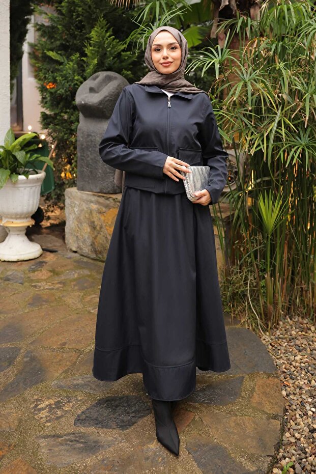 Navy Blue Skirted Jacket Bondit Set