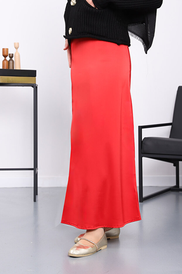 Red Side Zipper Satin Flared Skirt
