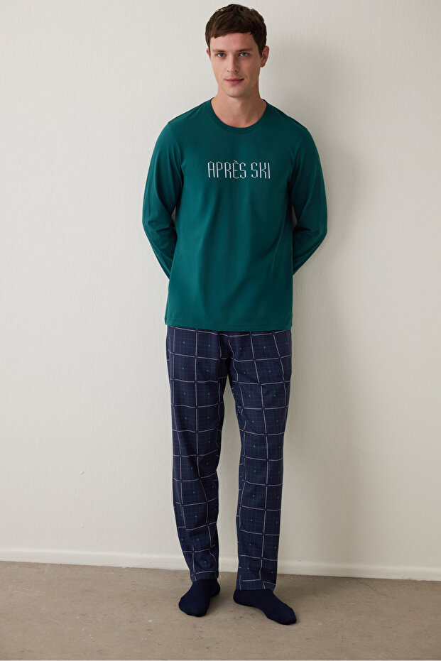 Green Men's Ski Plaid Crew Neck Pajama Set