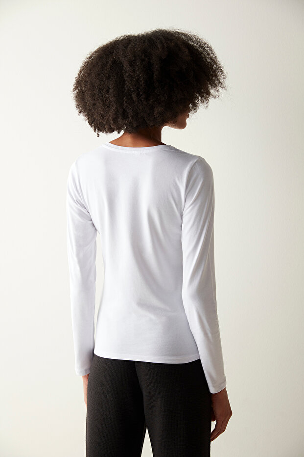 Pamuklu Beyaz Basic Uzun Kol Üst - 6