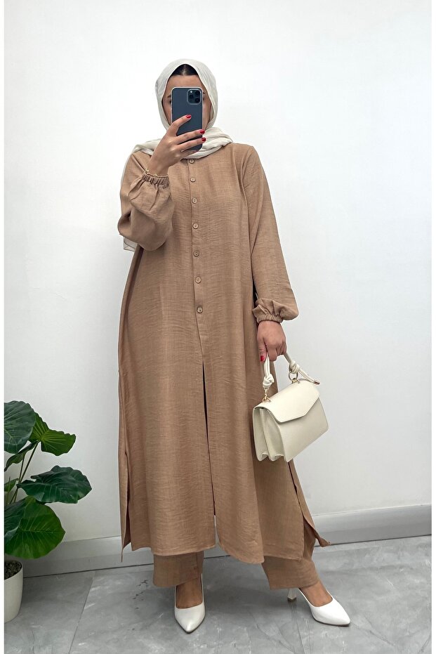 بدلة كتان بمظهر نصف زر - 1