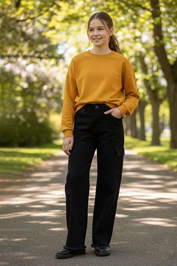 Girls' Trousers with Elastic Waist and Tassels Cargo Pockets