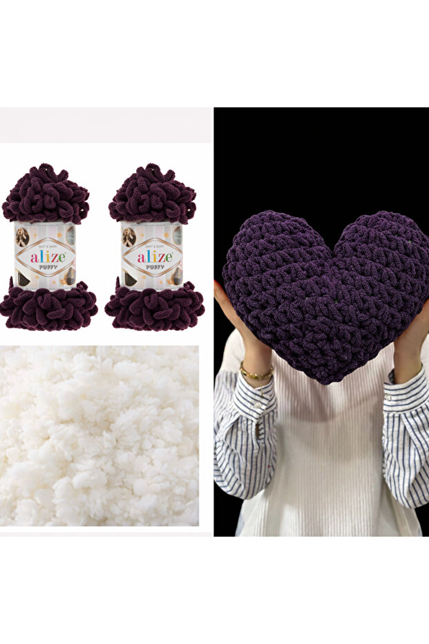Heart Pillow Puffy Material 2 Pieces Puffy 111 Purple and 200 Gr. Bead Fiber Set