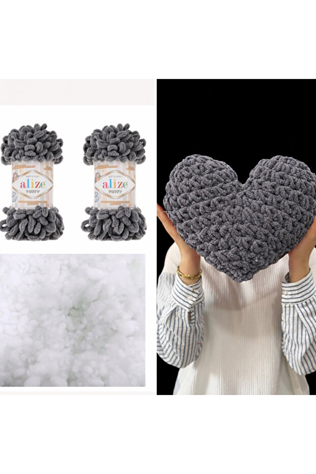 Heart Pillow Puffy Material 2 Pieces Puffy 87 Gray and 200 Gr. Bead Fiber Set