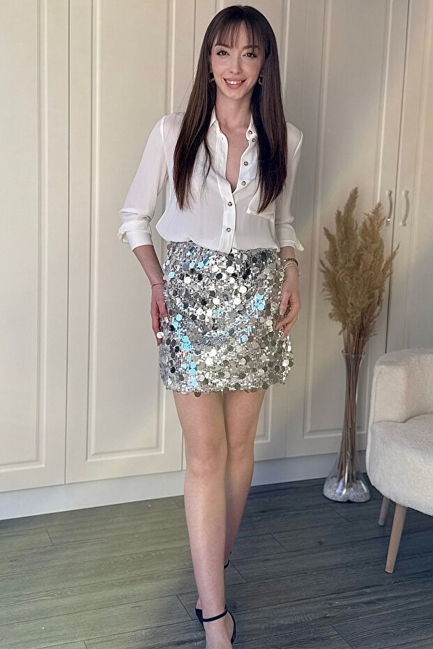 Şık Pullu Mini Gümüş Etek - 7