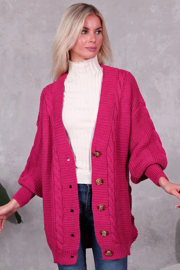 Women's Hijab Knitwear Cardigan 5-Button Hair Knitted Cardigan Fuchsia