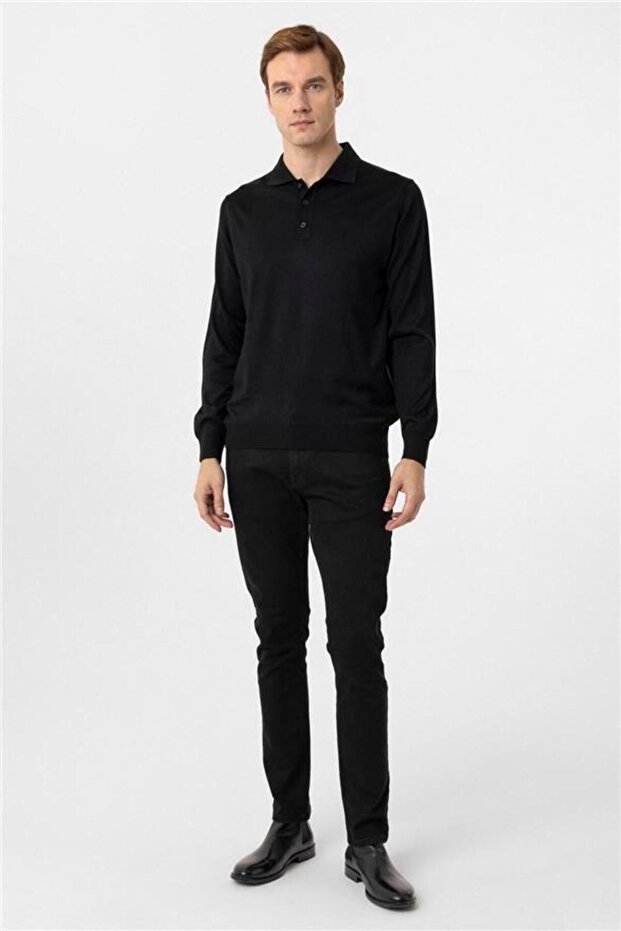 Siyah Regular Düz Polo Yaka Triko - 4