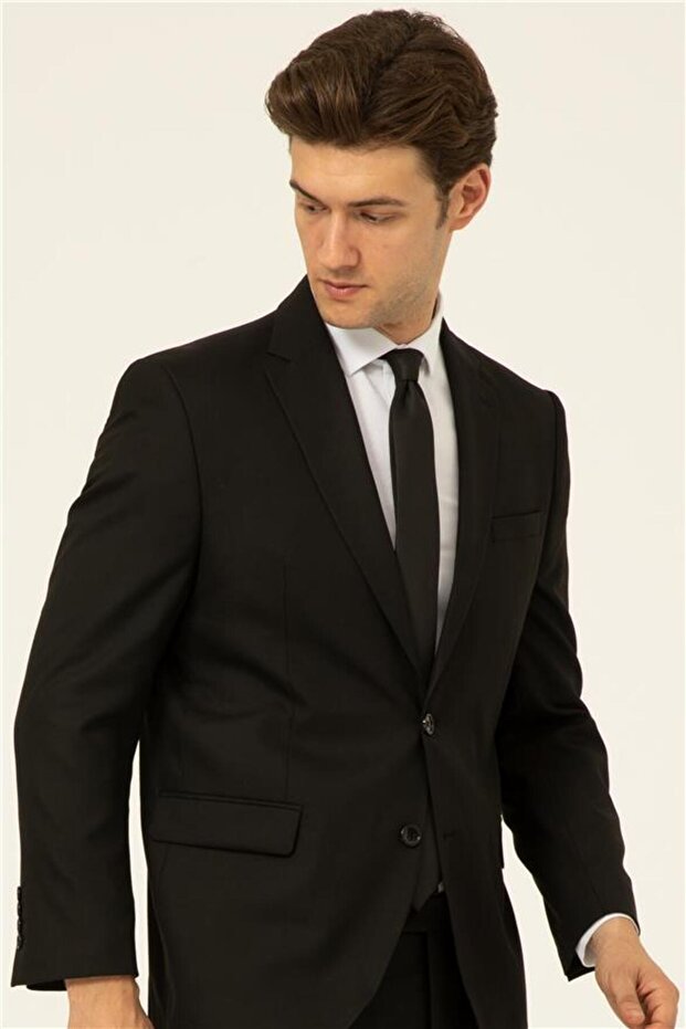 Siyah Regular Düz Mono Yaka 4 Drop Takım Elbise - 5