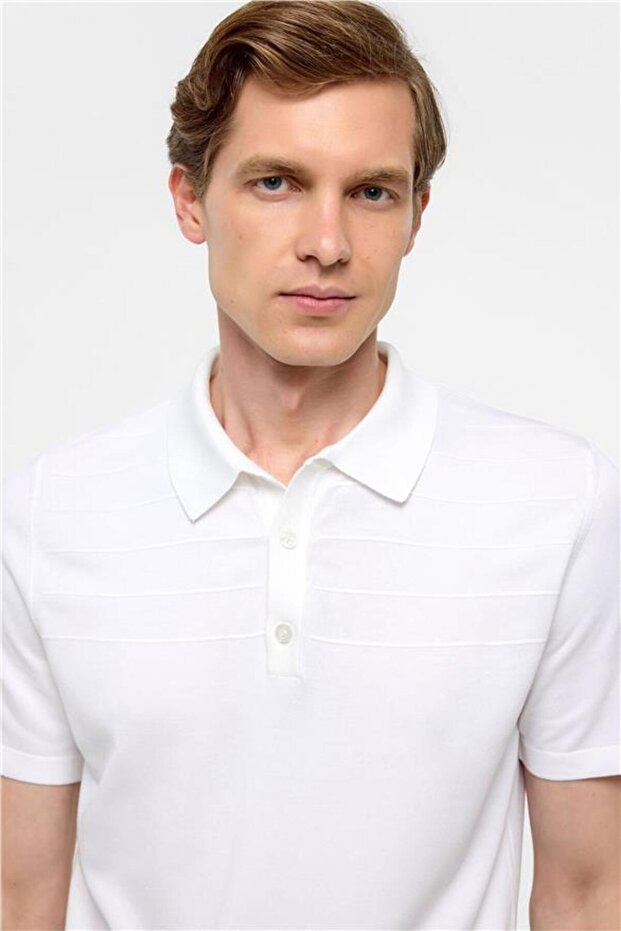 Beyaz Regular Düz Polo Yaka Triko - 4