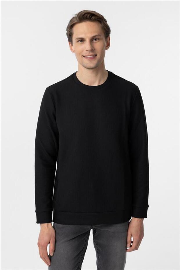 Siyah Regular Armürlü Bisiklet Yaka Triko - 1