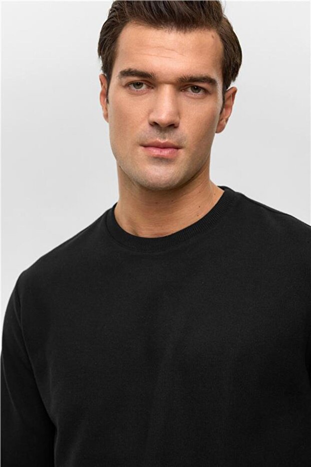 Siyah Regular Düz Bisiklet Yaka Sweatshirt - 3