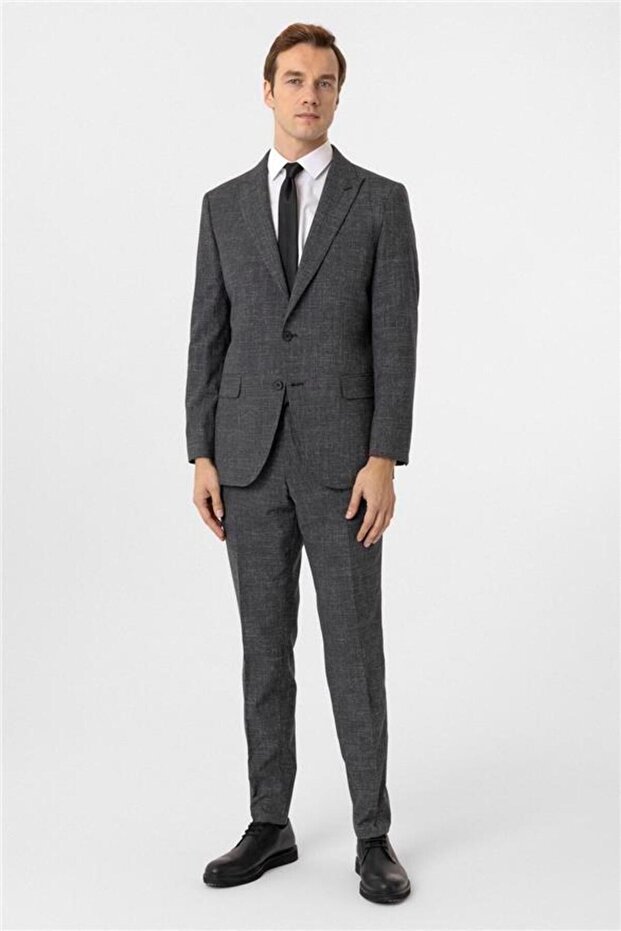 Antrasit Regular Desenli Sivri Yaka 6 Drop Takım Elbise - 3