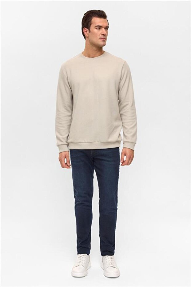 Ekru Regular Düz Bisiklet Yaka Sweatshirt - 6