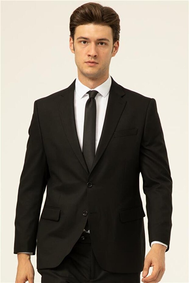 Siyah Regular Düz Mono Yaka 4 Drop Takım Elbise - 1