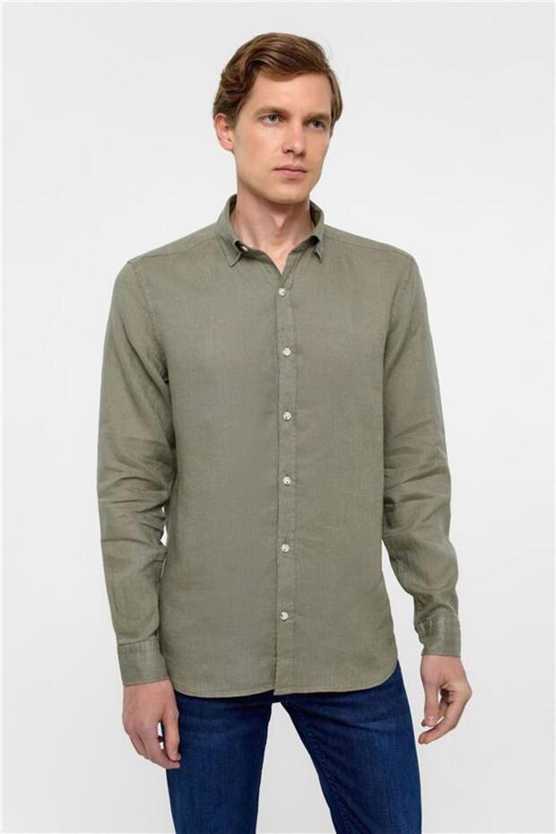 Haki Regular Düz Klasik Yaka Gömlek - 3