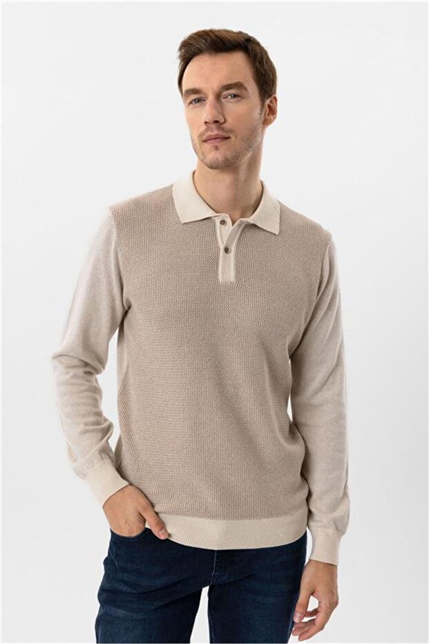 Bej Regular Armürlü Polo Yaka Triko - 1
