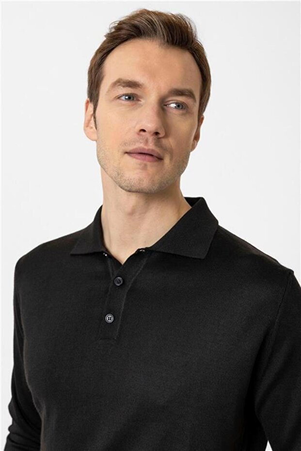 Siyah Regular Düz Polo Yaka Triko - 3