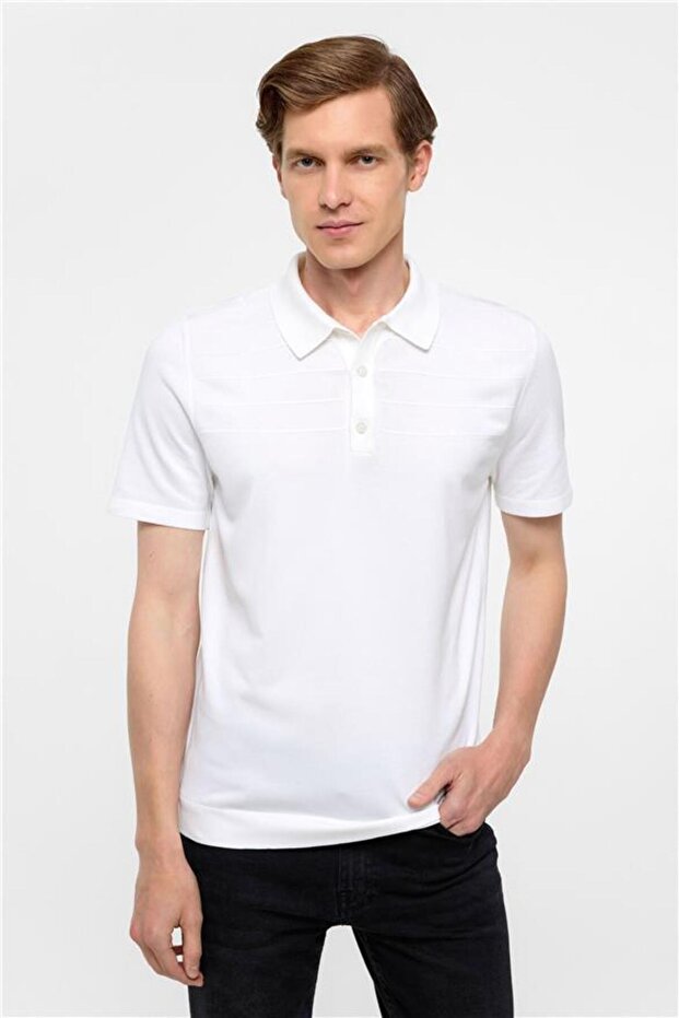 Beyaz Regular Düz Polo Yaka Triko - 1