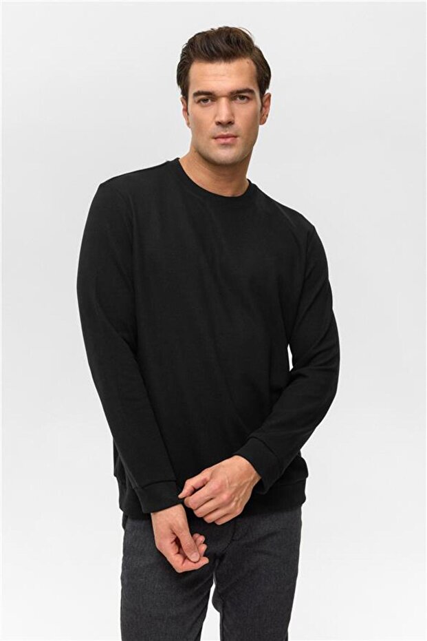 Siyah Regular Düz Bisiklet Yaka Sweatshirt - 2
