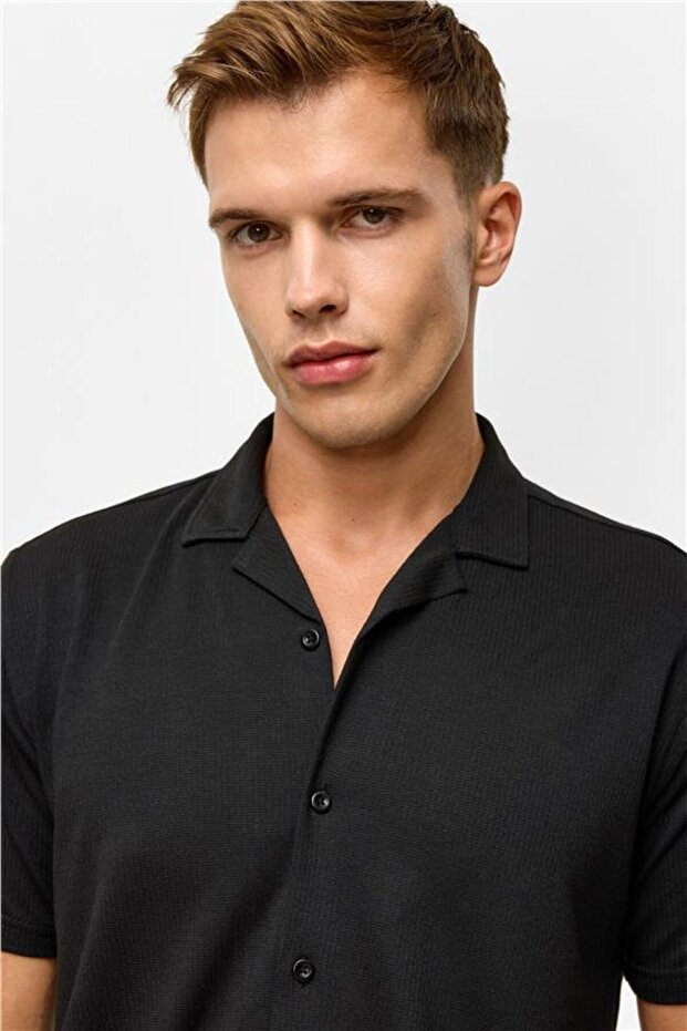 Siyah Slim Fitilli Apaş Yaka Gömlek - 4