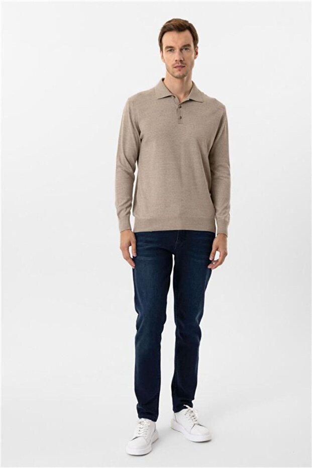Bej Regular Düz Polo Yaka Triko - 4