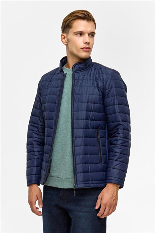 Lacivert Slim Kapitone Mont - 3